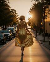 AI generated Beautiful young woman in a long yellow dress walking on the street at sunset. ai generative photo