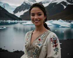 AI generated Portrait of a young woman smiling at camera in front of icebergs. ai generative photo