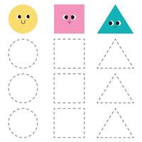 Handwriting practice for kids.  Trace worksheet with shapes. Circle, square and triangle. vector