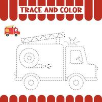 Tracing educational worksheet for kids. Trace fire engine car. Handwriting activity page for toddlers vector