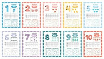 Learning numbers flashcards for preschool kids from 1 to 10. Set of activity worksheets with tracing vector