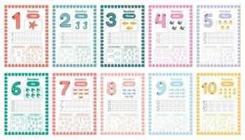 Learning numbers flaskcards for preschool kids. Set of activity worksheets with tracing vector