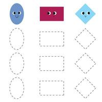 Handwriting practice for kids.  Trace worksheet with shapes. Rectangle, ellipse and rhombus vector