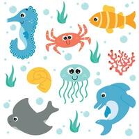 conjunto con mano dibujado mar vida animales submarino mundo.vector dibujos animados ilustración vector