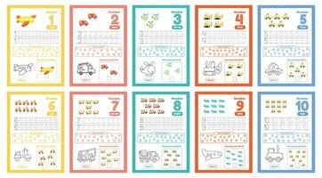 Set of flashcards with numbers for preschool kids from 1 to 10. Worksheets with many exersices vector