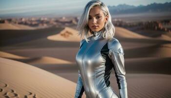 AI generated blonde woman in silver latex costume posing in the desert. ai generative photo