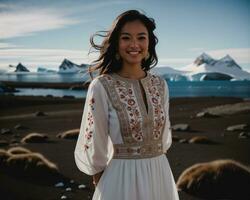 AI generated Portrait of a young woman smiling at camera in front of icebergs. ai generative photo