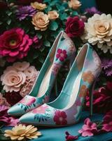 ai generado Boda Zapatos con alto tacones en un antecedentes de flores ai generativo foto