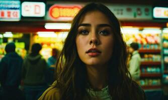 ai generado hermosa joven mujer compras en un tienda de comestibles almacenar, mirando para alimento. ai generativo foto