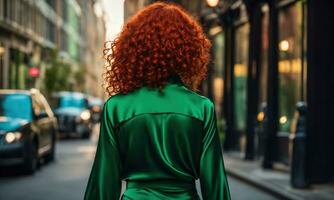 AI generated Beautiful young woman with red curly hair in a green dress in the city at night. ai generative photo