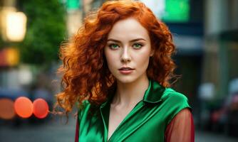 AI generated Beautiful young woman with red curly hair in a green dress in the city at night. ai generative photo