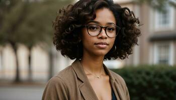 ai generado retrato de un hermosa joven africano americano mujer en los anteojos al aire libre. ai generativo foto