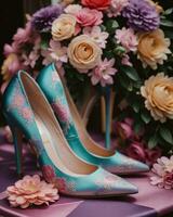 ai generado Boda Zapatos con alto tacones en un antecedentes de flores ai generativo foto