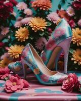 AI generated wedding shoes with high heels on a background of flowers. ai generative photo