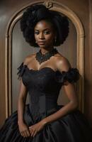 AI generated Beautiful african american woman wearing black dress and jewellery. ai generative. ai generative photo