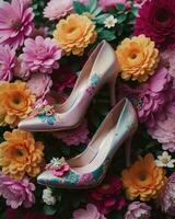 ai generado Boda Zapatos con alto tacones en un antecedentes de flores ai generativo foto