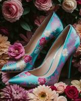 AI generated wedding shoes with high heels on a background of flowers. ai generative photo