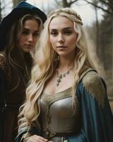 AI generated beautiful women in medieval dresses posing in front of a castle. ai generative photo