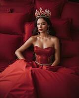 AI generated fashion interior photo of beautiful sensual woman with dark hair in luxurious dress and crown posing in bed. ai generative. ai generative