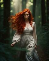 AI generated Beautiful redhead girl with long curly hair in a dark forest. ai generative photo