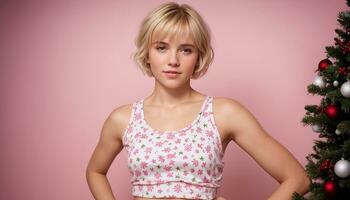 ai generado hermosa joven mujer en un blanco camiseta en un rosado antecedentes. ai generativo foto