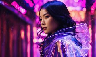 AI generated beautiful asian woman in purple raincoat walking in the city. ai generative photo