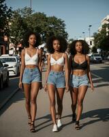 ai generado grupo de joven hermosa africano americano mujer en pantalones pantalones cortos caminando en el ciudad. ai generativo foto