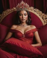 AI generated fashion interior photo of beautiful sensual woman with dark hair in luxurious dress and crown posing in bed. ai generative. ai generative