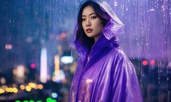 AI generated beautiful asian woman in purple raincoat walking in the city. ai generative photo