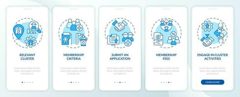 2D icons representing become member of agro-food cluster mobile app screen set. Walkthrough 5 steps blue graphic instructions with thin line icons concept, UI, UX, GUI template. vector