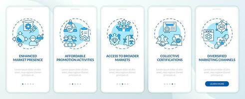 2D icons representing benefits of collective marketing in agri-food clusters mobile app screen set. Walkthrough 5 steps blue graphic instructions with line icons concept, UI, UX, GUI template. vector