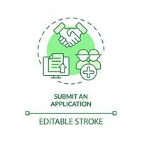 2D editable green submit an application icon, monochromatic isolated vector, thin line illustration representing agricultural clusters. vector