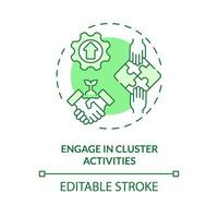 2D editable green engage in cluster activities icon, monochromatic isolated vector, thin line illustration representing agricultural clusters. vector