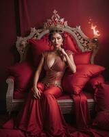 AI generated fashion interior photo of beautiful sensual woman with dark hair in luxurious dress and crown posing in bed. ai generative. ai generative