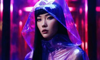 AI generated beautiful asian woman in purple raincoat walking in the city. ai generative photo