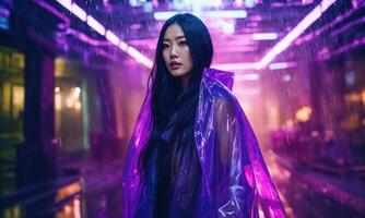 AI generated beautiful asian woman in purple raincoat walking in the city. ai generative photo