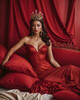 AI generated fashion interior photo of beautiful sensual woman with dark hair in luxurious dress and crown posing in bed. ai generative. ai generative
