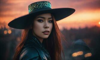 AI generated beautiful woman in hat and leather jacket looking at camera in city. ai generative photo