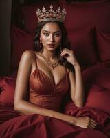 AI generated fashion interior photo of beautiful sensual woman with dark hair in luxurious dress and crown posing in bed. ai generative. ai generative