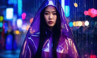 AI generated beautiful asian woman in purple raincoat walking in the city. ai generative photo