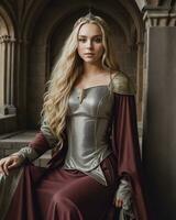 AI generated beautiful women in medieval dresses posing in front of a castle. ai generative photo