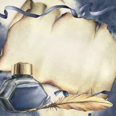 Inkwell with blue ink with gold writing pen, ribbons, stains and splashes. Hand drawn watercolor illustration. Frame, square template for text on a paper scroll background