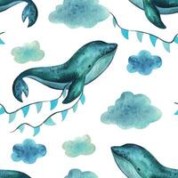 A baby whale swims on the sea and flies in the sky with garlands of flags among the clouds and raindrops. Hand drawn children's watercolor illustration. Seamless pattern vector