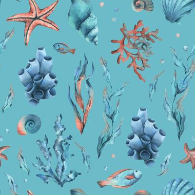 Underwater world clipart with sea animals fishes, starfish, shells, coral and algae. Hand drawn watercolor illustration. Seamless pattern on a blue background