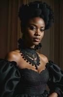 AI generated Beautiful african american woman wearing black dress and jewellery. ai generative. ai generative photo