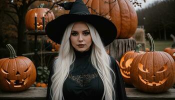 AI generated Beautiful young woman in black dress and hat on the background of Halloween pumpkins. ai generative photo