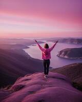 AI generated young woman hiker open arms on top of a mountain at sunrise. ai generative photo