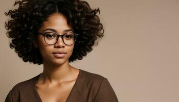 AI generated Portrait of a beautiful young african american woman in eyeglasses outdoors. ai generative photo