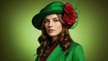 ai generado retrato de un hermosa joven mujer en verde Saco y rojo sombrero. ai generativo. ai generativo foto