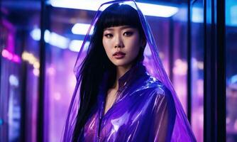 AI generated beautiful asian woman in purple raincoat walking in the city. ai generative photo